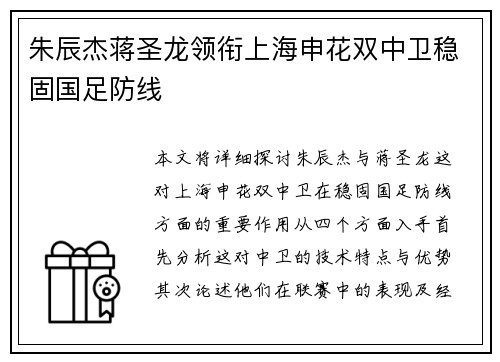 朱辰杰蒋圣龙领衔上海申花双中卫稳固国足防线