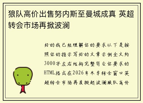 狼队高价出售努内斯至曼城成真 英超转会市场再掀波澜